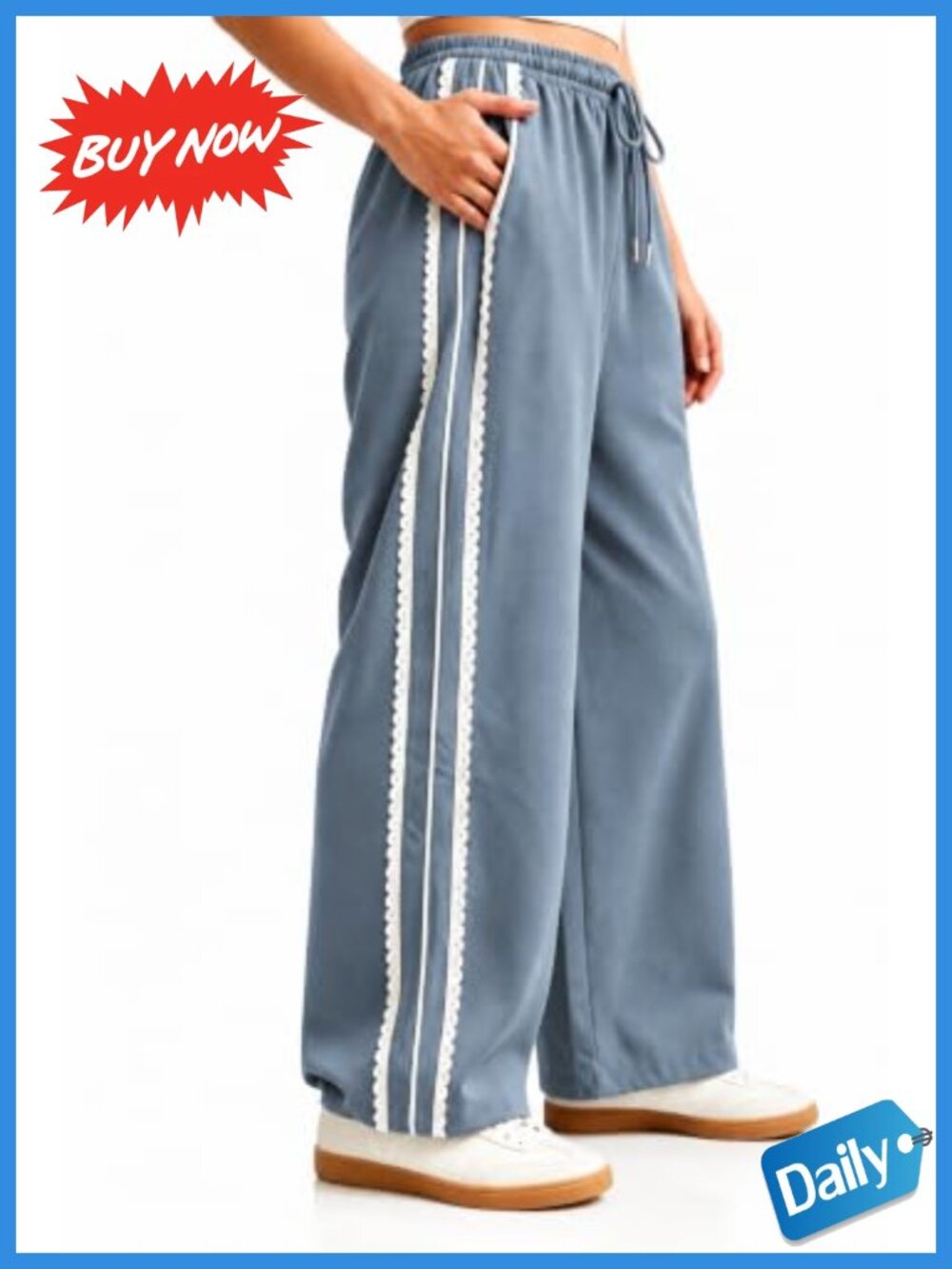 Wide Leg Sweatpants Drawstring Waist Lace Trim Track Pants
